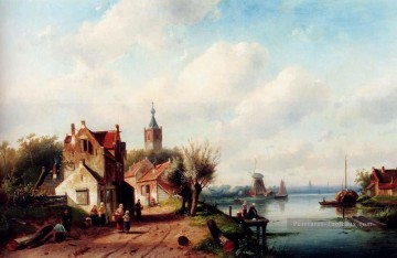 Un village au bord d’une rivière Une ville au loin paysage Charles Leickert Peinture à l'huile